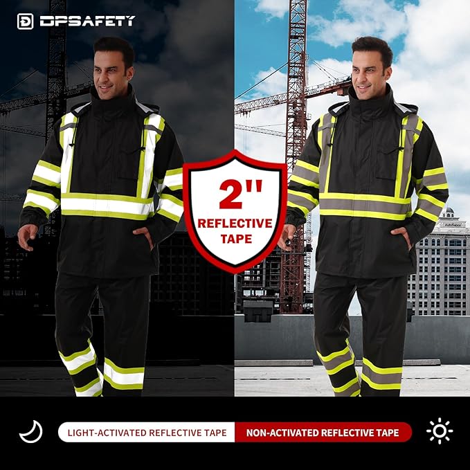 Hi Vis Safety rain Jacket，Reflective Class 3 Rain coat with Inner Mesh Lining and Pockets High Visibility Waterproof work Rain Suits for men&women（Black,LG/XL）