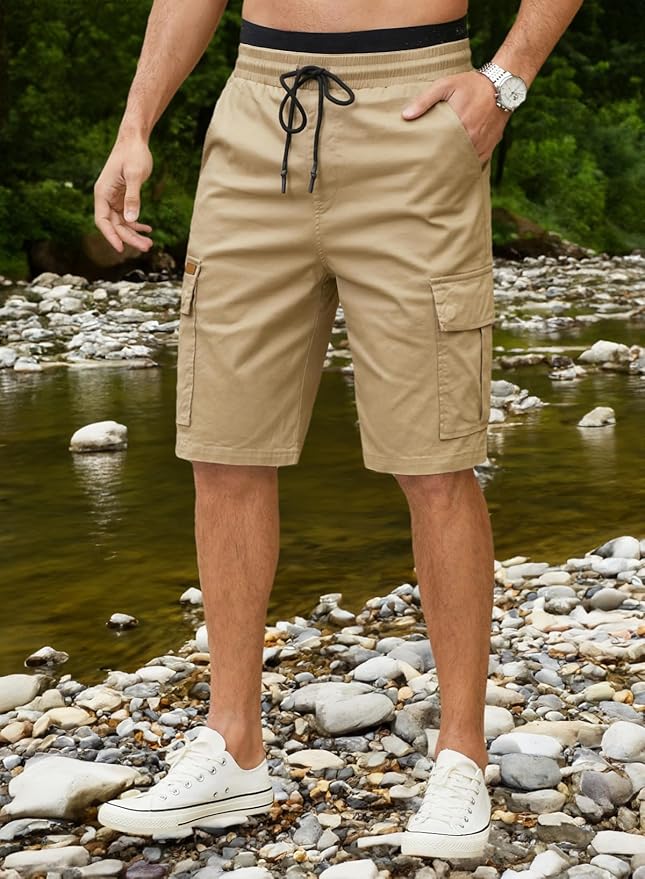 JMIERR Mens Casual Twill Cargo Shorts Cotton Drawstring Classic Cargo Stretch Short with 6 Pockets
