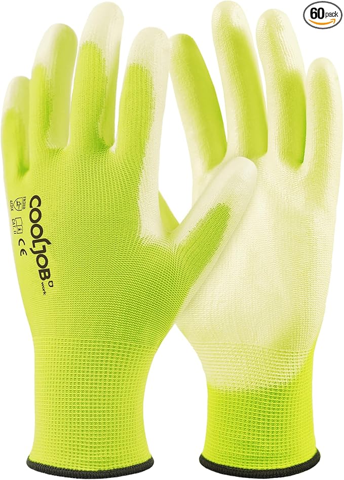 COOLJOB 60 Pairs Safety Work Gloves Pack Bulk with Grip PU Coating, 13 Gauge Seamless Knit Gloves with Polyurethane Dipped for Warehouse Working, Breathable Lightweight for Men Women, Yellow Large