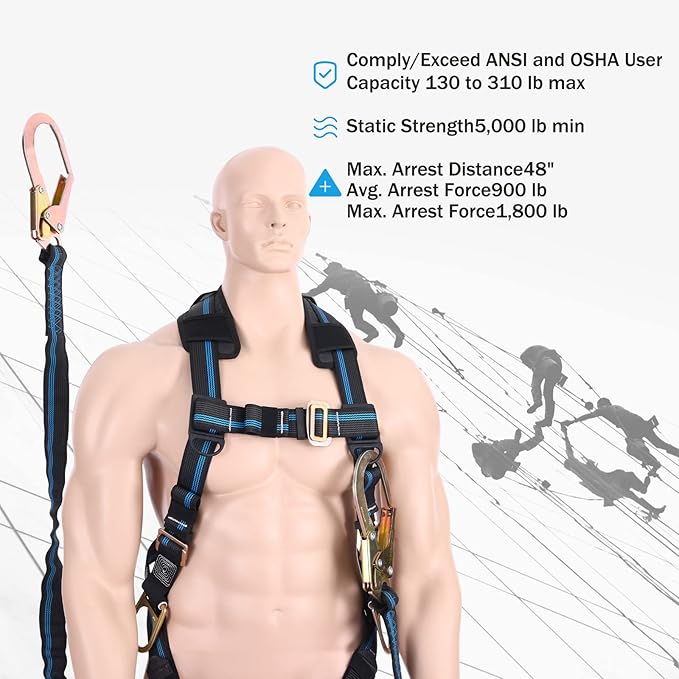 6FT Double Leg Safety Harness Lanyard, Abrasion Resistant Internal Shock Absorbing Fall Protection Lanyard with Dual Rebar & Snap Hook, OSHA/ANSI Compliant, Construction Arborist Roofing