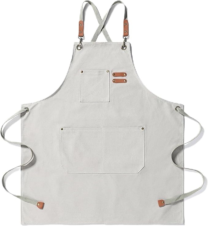 Chef Apron Medium-Thick Cotton Canvas,Cross Back with Multiple Pockets Adjustable Work Apron for Men and Women (Beige)