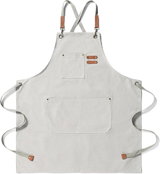 Chef Apron Medium-Thick Cotton Canvas,Cross Back with Multiple Pockets Adjustable Work Apron for Men and Women (Beige)