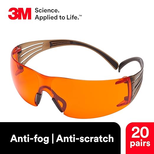 3M Safety Glasses, SecureFit, 20 Pack, ANSI Z87, Scotchgard Anti-Fog Anti-Scratch, Orange Lens, Brown/Black Frame, Flexible Temples
