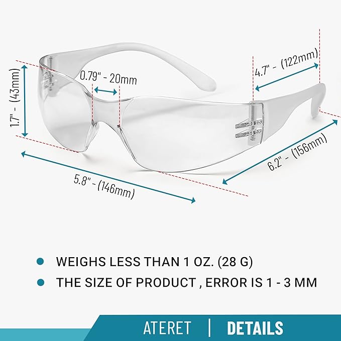 ATERET 300 Pairs Safety Glasses, Scratch Resistant Polycarbonate ANSI Z87.1 Impact Resistant Lens