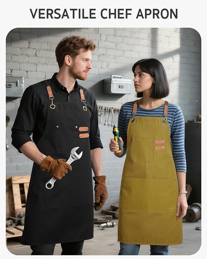 Syntus Chef Apron for Men Women with Pockets, Cotton Canvas Adjustable Work Apron Heavy Duty