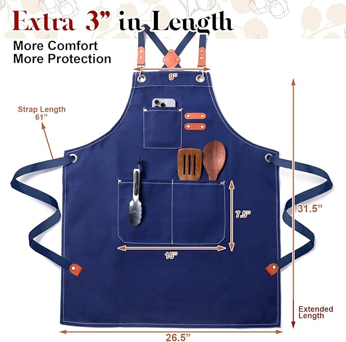 Chef Apron for Men Women with Pockets,Cross Back Cotton Canvas Plus Size Apron for Cooking BBQ Baking Gardening