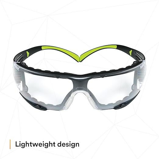3M Safety Glasses for Men and Women, SecureFit 400, 1 Pair, Z87, Anti-Fog Anti-Scratch Clear Lens, Green/Black Frame, Polycarbonate, UV Protection, Flexible Temples, Removable Foam Gasket