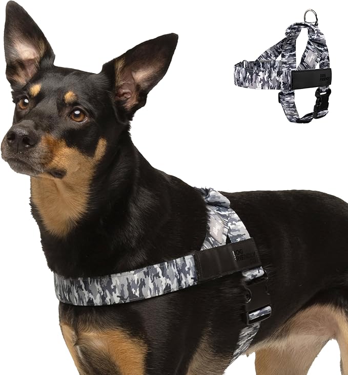 DF Co. Dog Harness | Chafe Resistant Webbing, Adjustable Neck & Chest, and Heavy Duty D-Ring | Sturdy, Comfortable, Easy to Use | Grey Camo, Size XS