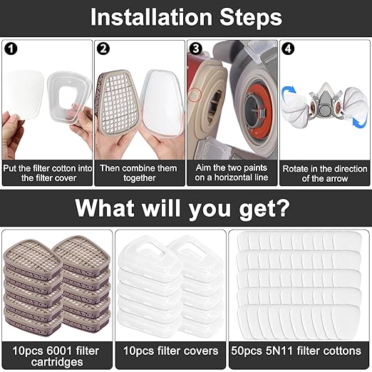 6001 Filter Cartridges for Respirator - Respirator Cartridges & Filters, Particulate Filter - Against Dust/Organic Vapor/Chemical, Compatible with 6200, 7502, 6800, 4008 Series Respirator(5 Set)