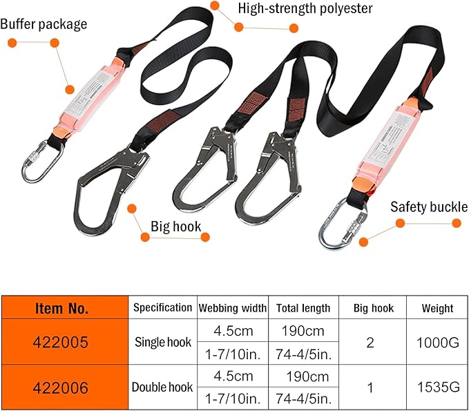 KSEIBI 422006 Single Leg Snap Hook and Two Scaffolding Hook w 6-Foot Internal Shock Lanyard Fall Protection Equipment for Safety Harness