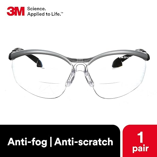 3M Safety Glasses, BX Dual Readers, +2.5, ANSI Z87, Anti-Fog Clear Lens, Silver/Black Frame, Adjustable Length Temples and Lens Angle
