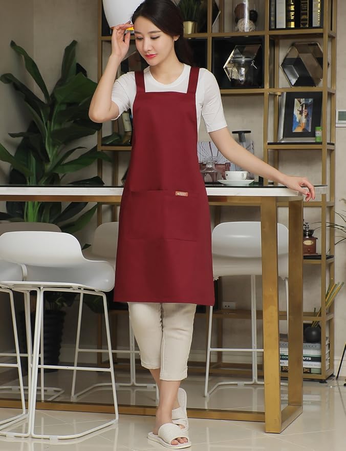 NEWGEM Adjustable Painting Apron with 2 Pockets Cotton for Cobbler,Adult,Butcher,Hairstylist Fits for Grill,bbq,Paint Cross Red wine
