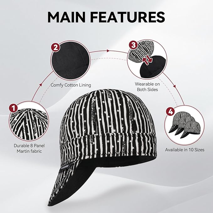 ARCCAPTAIN Reversible Welding Cap, 8 Panel Protective Welders Cap, 10 oz Fireproof Cotton Comforts for Safety and Protection While Welding to Men Women, Line, 7 3/8