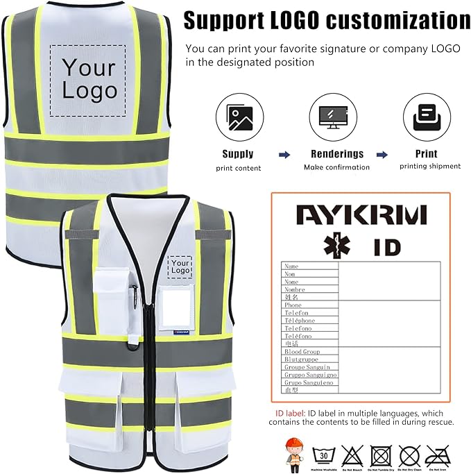 AYKRM 11 color High Vis Reflective Safety Vest for Women Men Security Pocket Zipper