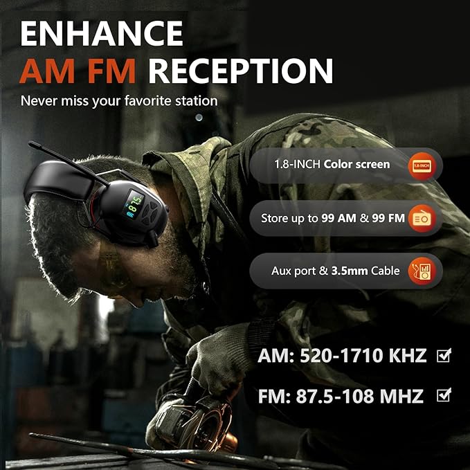 Bluetooth 5.4 Hearing Protection AM FM Radio Headphones with 2000mAh Rechargeable Battery, 30dB SNR Noise Reduction Safety Earmuffs Protector, Up to 45H Radio Listening Time for Mowing Lawn Work