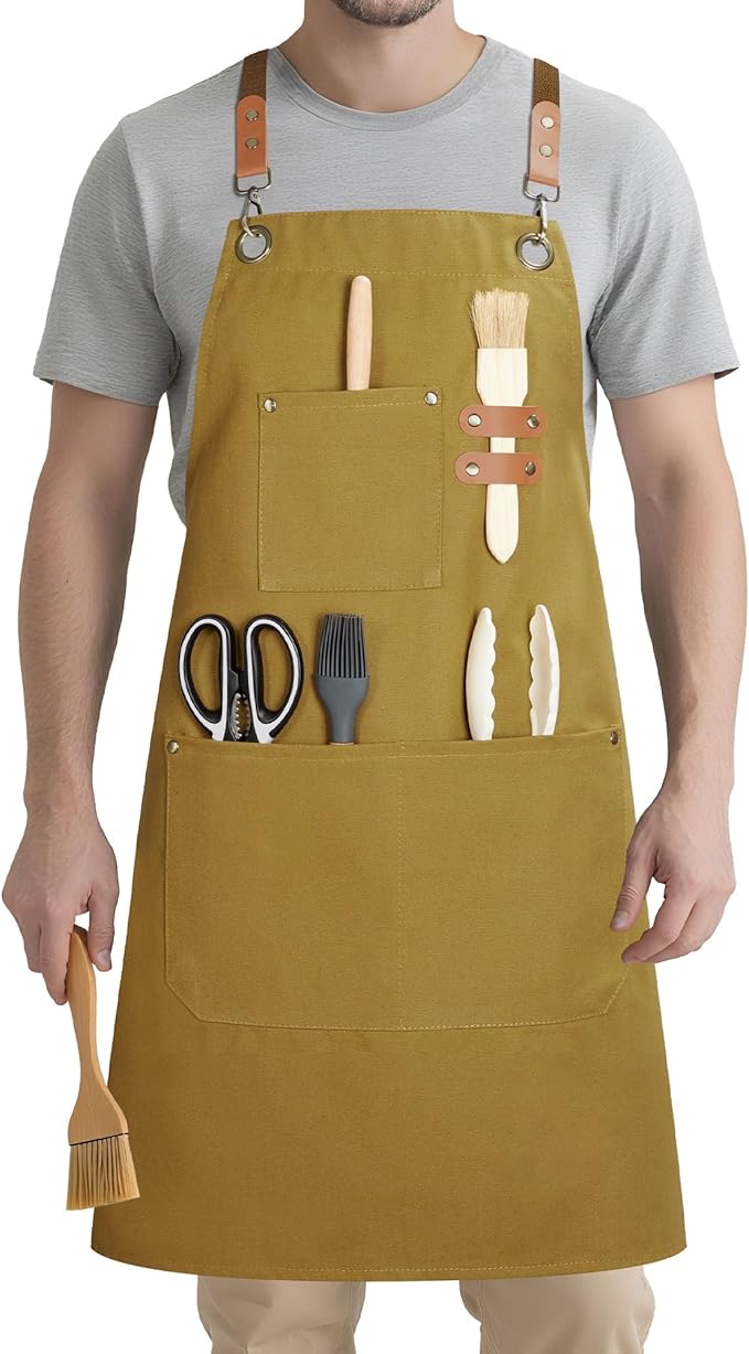 Syntus Chef Apron for Men Women with Pockets, Cotton Canvas Adjustable Work Apron Heavy Duty