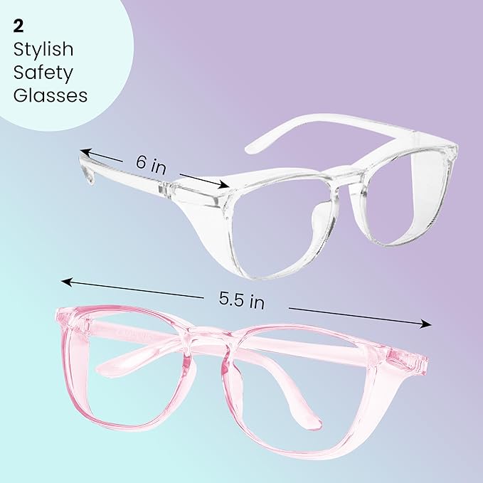 Aqulius 2 Pack Stylish Safety Glasses Goggles, Scratch Resistant, Safety Glasses for Women, Blue Light, Glasses for Nurses