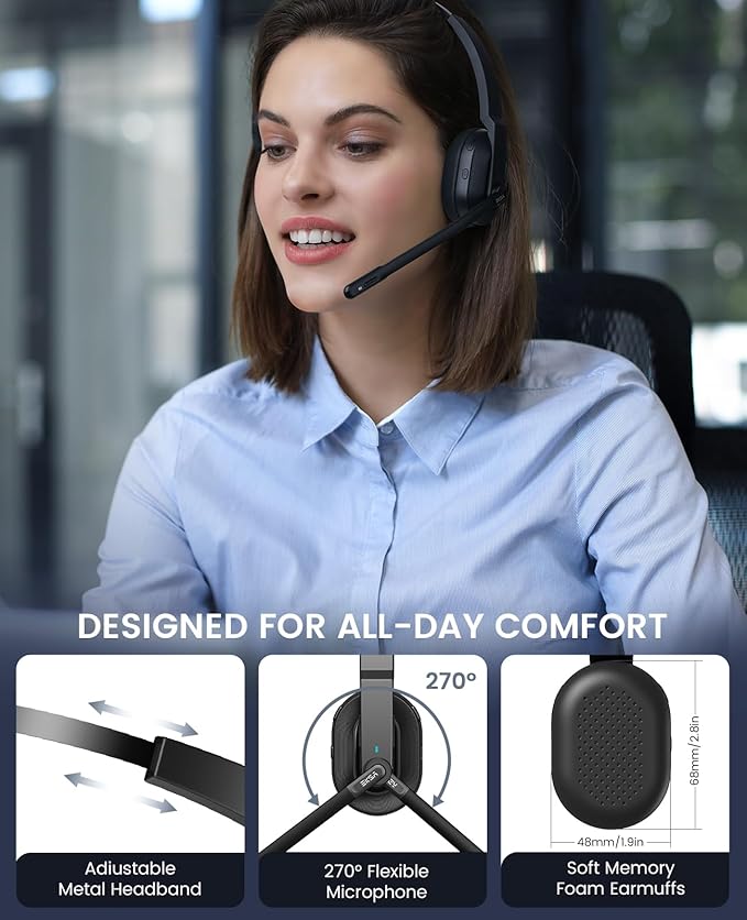 EKSA H5SE Bluetooth Headset, Wireless Headset with Microphone ENC Noise Cancellation [45hrs Playtime & 33ft Range], Wireless Business Headphones for Office/HomeOffice/Remote Work/Call Center