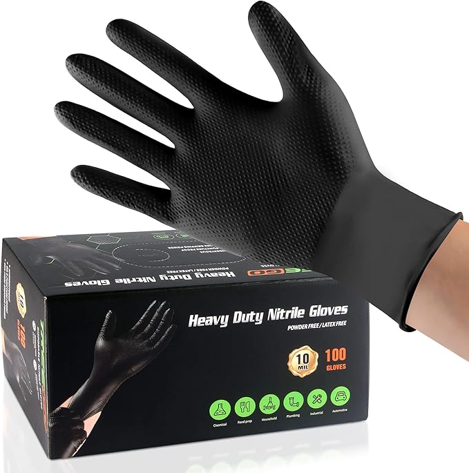 TREEGO Black Nitrile Gloves 10 Mil Heavy Duty Disposable Latex Free – Diamond Grip for Industrial, Construction, Mechanic