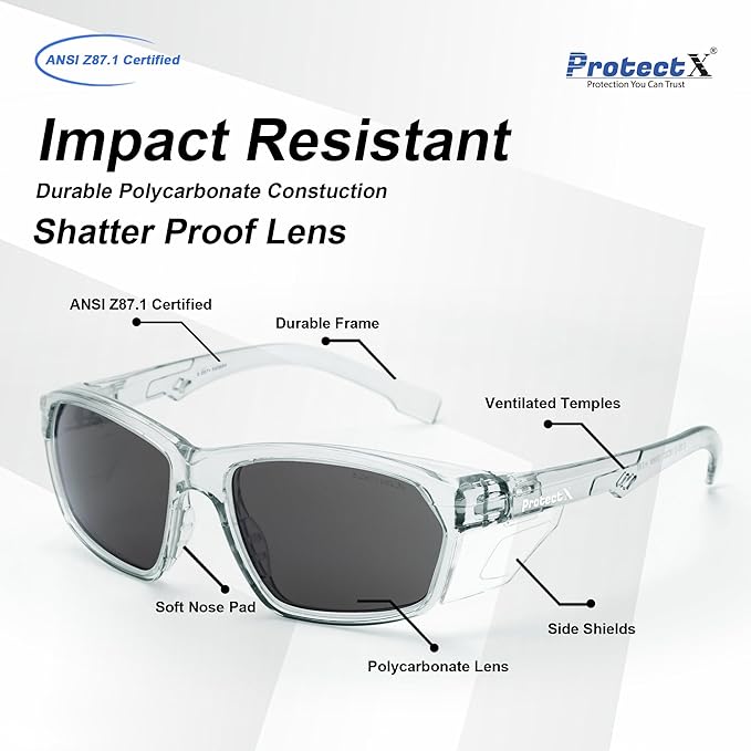 ProtectX Stylish Anti-Fog & Scratch-Resistant Safety Glasses With Readers, UV Protection Goggles, Anti-Impact Lightweight Glasses for Men＆Women Charcoal Tinted Smoke - 2 Pack
