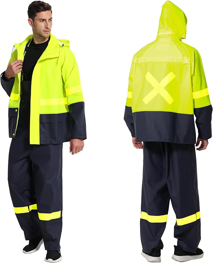 Men's Workwear PRO Rain Suit - Waterproof Jacket and Bib Pants 3-piece Set for Ultimate Safety and Comfort