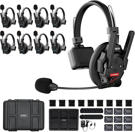 SYNCO XTalk XPro9 2.4GHz Wireless Intercom Headset System with Antenna Enhanced Signal Reception Support 500m/1640ft 9-Person Team Communication Noise Reduction Film Documentary TV Production