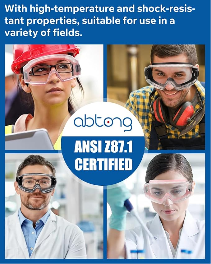 Safety Goggles Over Glasses - Anti-Fog Lens Wide Vision Eyewear for Chemistry Lab Work & Industrial Use - ANSI Z87.1 Certified Eye Protection, Impact Resistance, Adjustable Strip - Men & Women