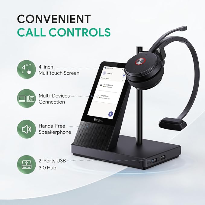 Yealink WH66 Wireless Headset with 4" Screen, DECT & Bluetooth Headset for Teams, Zoom Skype Certified, 525ft Range,Speaker, 13h Call Time, Office Work Headphone for Desk Phone, PC, Cellphone