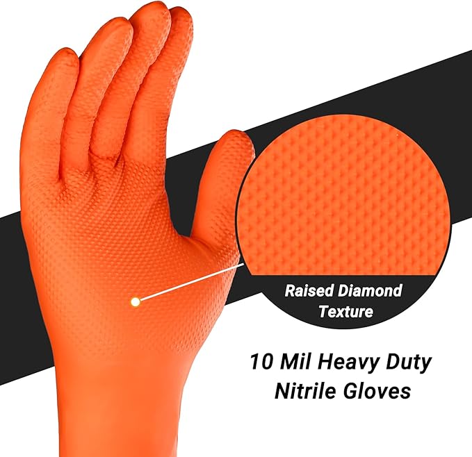 10 Mil Orange Nitrile Gloves XL, 100 PCS Heavy Duty Chemical Resistant Oil Resistant Mechanics Disposable Work Gloves for Cooking, Washing Dishes, Gardening, Cleaning, Painting