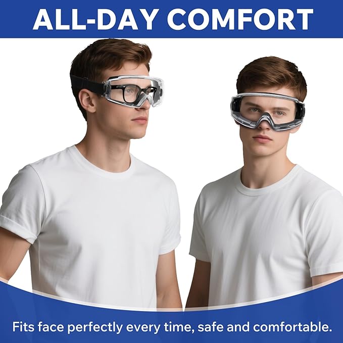Safety Goggles Over Glasses - ANSI Z87.1 Certified Eye Protection for Chemistry Lab Work & Industrial Use - Anti-Fog Clear Lens, Impact Resistance - Adjustable Strap - Men & Women (2 Pack)