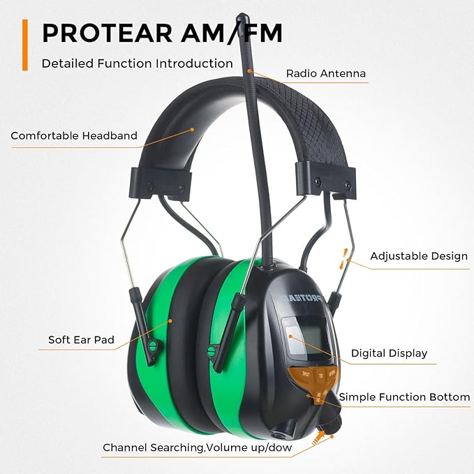 Digital AM/FM Radio Headphones 25dB NNR,Noise Reduction Safety Earmuffs,Headset Powered by AA Battery,Hearing Protection for Mowing Lawn Working Walkman(Green)