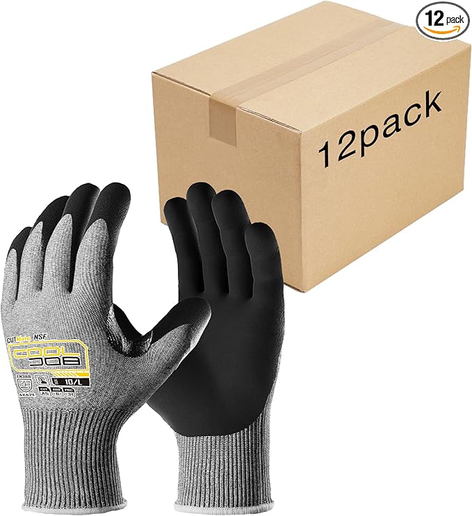 COOLJOB ANSI A5 Cut Resistant Gloves 12 Pairs, Nitrile Rubber Dipped Safety Work Gloves for Men, Knife Proof with Grip Coating for Construction Warehouse Glass Wood Work, Grey Large