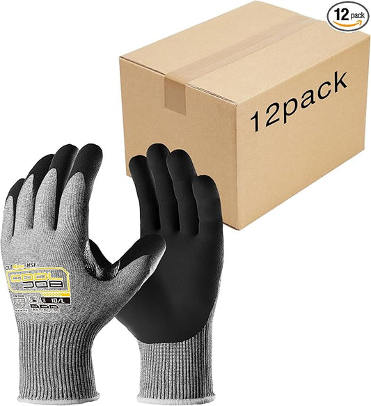 COOLJOB ANSI A5 Cut Resistant Gloves 12 Pairs, Nitrile Rubber Dipped Safety Work Gloves for Men, Knife Proof with Grip Coating for Construction Warehouse Glass Wood Work, Grey Small