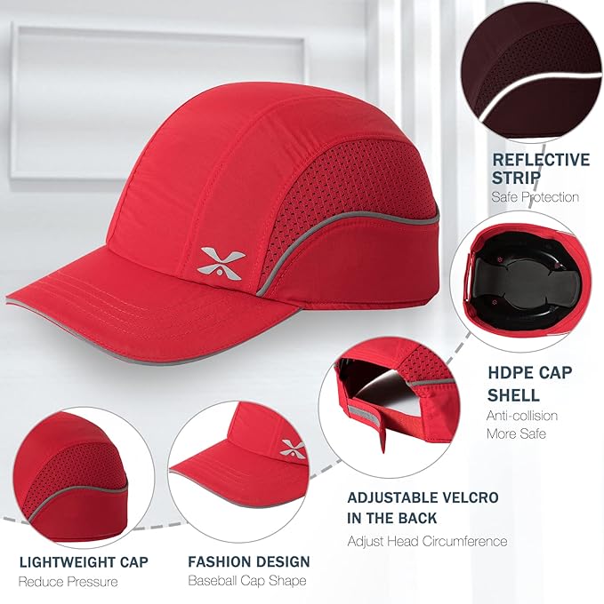 Lightweight Safety Bump Cap - Breathable Baseball Style Protective Hat with Reflective Stripes