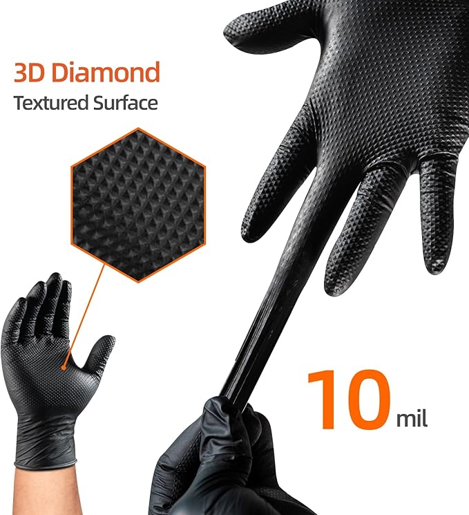 10 Mil Nitrile Disposable Gloves Heavy Duty Mechanic Gloves Raised Diamond Texture Thick (Black of 100, X-Large)