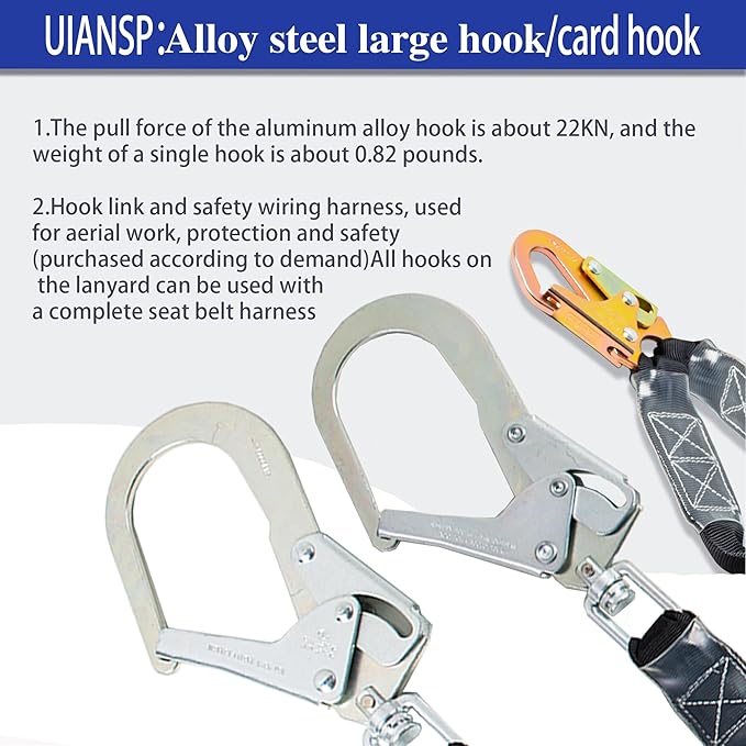 6ft Safety Harness Lanyard Double Leg Internal Shock Absorbing Safety Fall Protection Lanyard with Rope Harness Safety Lanyard Dual Rebar & Snap Hook Roofer Fall Protection Equipment（Alloy Steel）