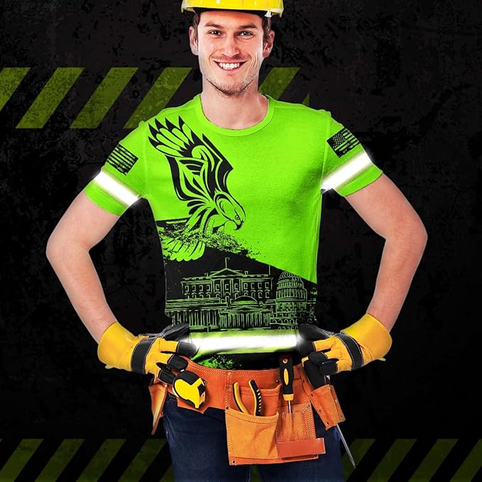Matedecor Skull High Visibility Shirt Men Reflective Safety Shirts US Flag Custom Name Workwear, Runners, Walkers, Patriotic