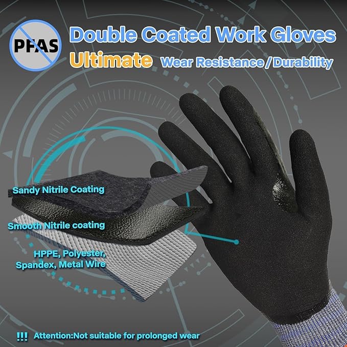 Schwer ProGuard-X ANSI A9 Highest Level Cut/Abrasion Resistant Gloves for Heavy Duty Work, 3/4 Double Nitrile Coating for Detect Metal, Water and Oil Proof, Anti Slip, Touch Screen,Non-PFAS, 2M