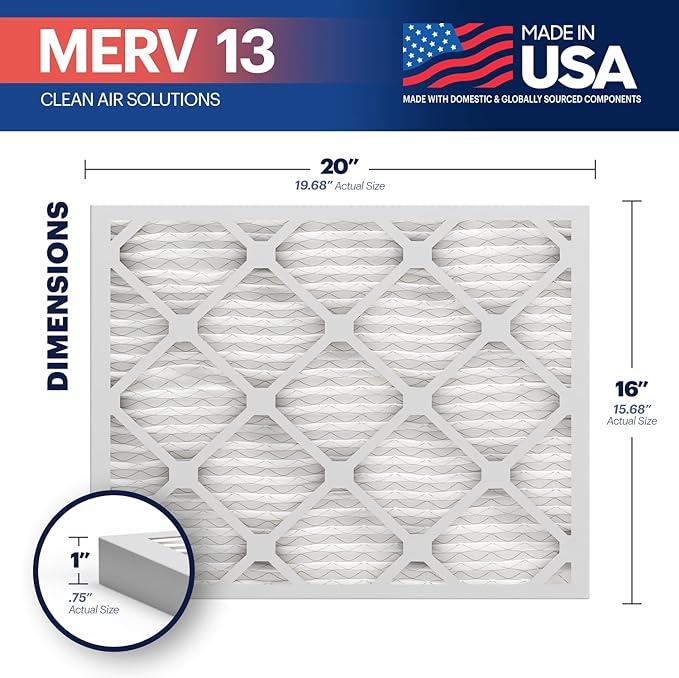 BNX TruFilter 16x20x1 MERV 13 (12-Pack) AC Furnace Air Filter - MADE IN USA - Electrostatic Pleated Air Conditioner HVAC AC Furnace Filters - Removes Pollen, Mold, Bacteria, Smoke
