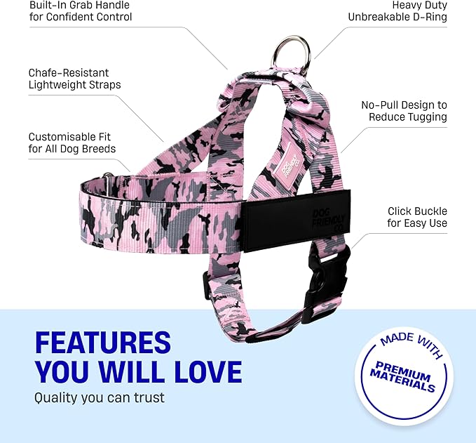 DF Co. Dog Harness | Chafe Resistant Webbing, Adjustable Neck & Chest, and Heavy Duty D-Ring | Sturdy, Comfortable, Easy to Use | Pink Camo, Size M