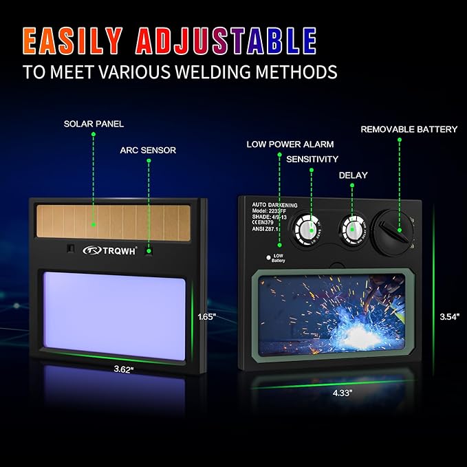 Welding Helmet with Light True Color Auto Darkening Welding Helmets for Men Solar Powered Welding Hood with 2 Arc Sensor Wide Shade 4/9-13 for TIG MIG ARC Cool Welder Mask (TRQ-HD11)