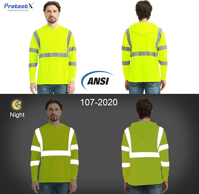 ProtectX Men's High Visibility Heavy Duty Long Sleeve Reflective Safety T-Shirts for Construction, Class 2-3 Type R