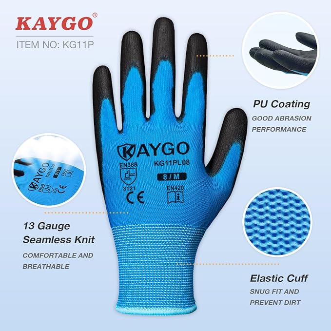 KAYGO Safety Work Gloves PU Coated-60 Pairs, KG11P Seamless Knit Glove with Polyurethane Coated Smooth Grip on Palm & Fingers, for Men and Women, Ideal for General Duty Work,Blue.X-Large