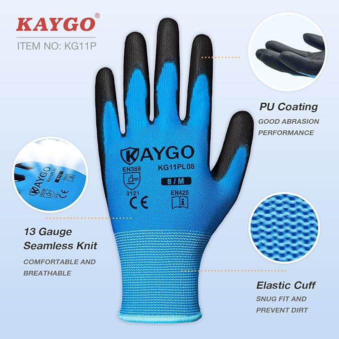 KAYGO Safety Work Gloves PU Coated-60 Pairs, KG11PB, Seamless Knit Glove with Polyurethane Coated Smooth Grip on Palm & Fingers, for Men and Women (Small, blue)