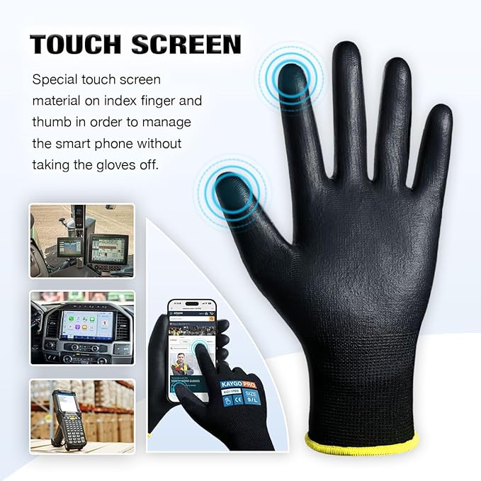 KAYGO Safety Work Gloves PU Coated for Men and Women, 60 Pairs KG11PB, Seamless Knit Glove with Two Fingers Touchscreen, breathable and lightweight Ideal for General Duty Work (Small,Black)