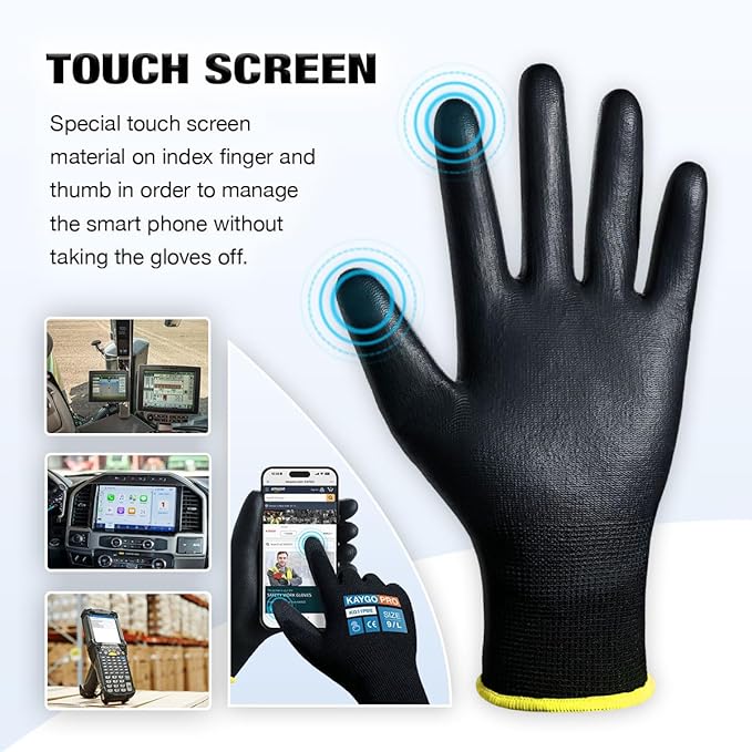 KAYGO Safety Work Gloves PU Coated for Men and Women, 12 Pairs KG11PB, Seamless Knit Glove with Two Fingers Touchscreen, breathable and lightweight Ideal for General Duty Work (Large,Black)