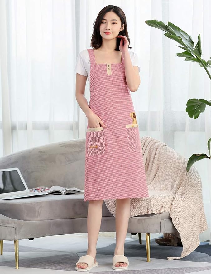 NEWGEM Lovely Cooking Apron for Women with Pockets Cotton Fabric Full Length Red Plaid