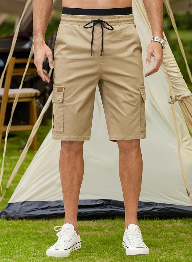 JMIERR Mens Casual Twill Cargo Shorts Cotton Drawstring Classic Cargo Stretch Short with 6 Pockets