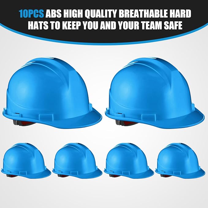 Leumoi 10 Pcs Suspension Hard Hat, Construction Hard Hat for Safety, Ratchet Cap Style with Self Adjusting Crown Straps for Man Woman