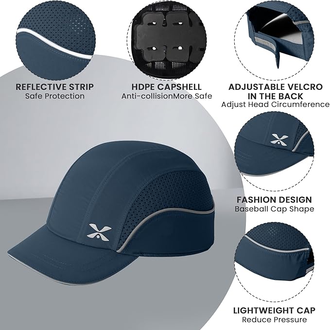 TIHEEN Unisex Safety Bump Cap, Baseball Hat Style with Reflective Stripes Lightweight and Breathable Hard Hat Head Protection Cap